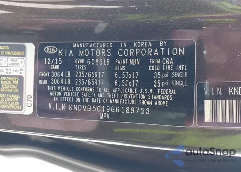 2016 Kia Sedona Lx from USA, damaged, VIN KNDMB5C19G6189753